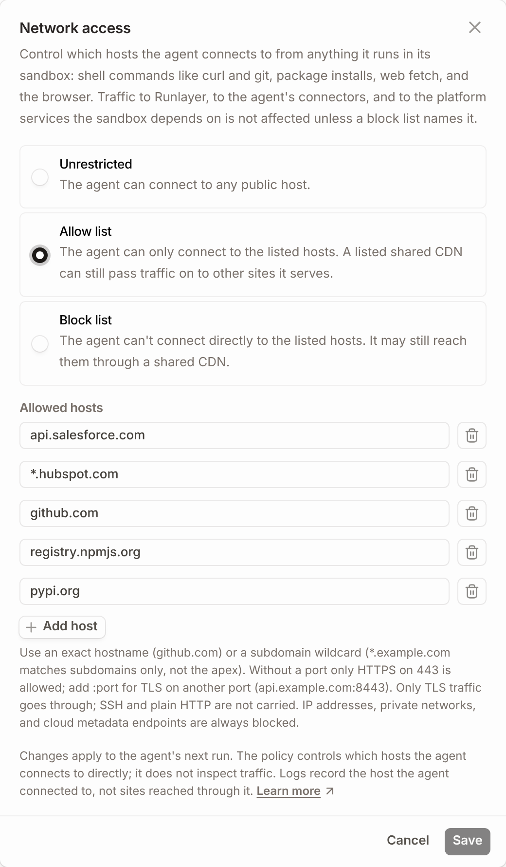Runlayer agent network access policy